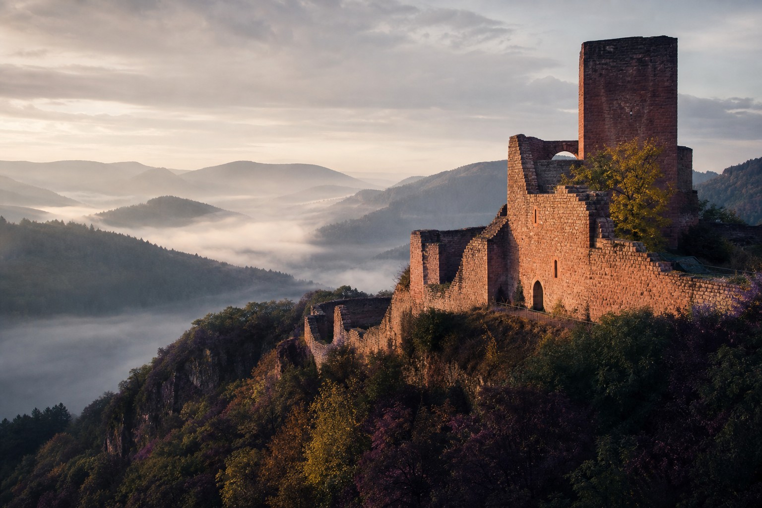 Burg auf einem Bergrücken über nebligem Tal in Deutschland