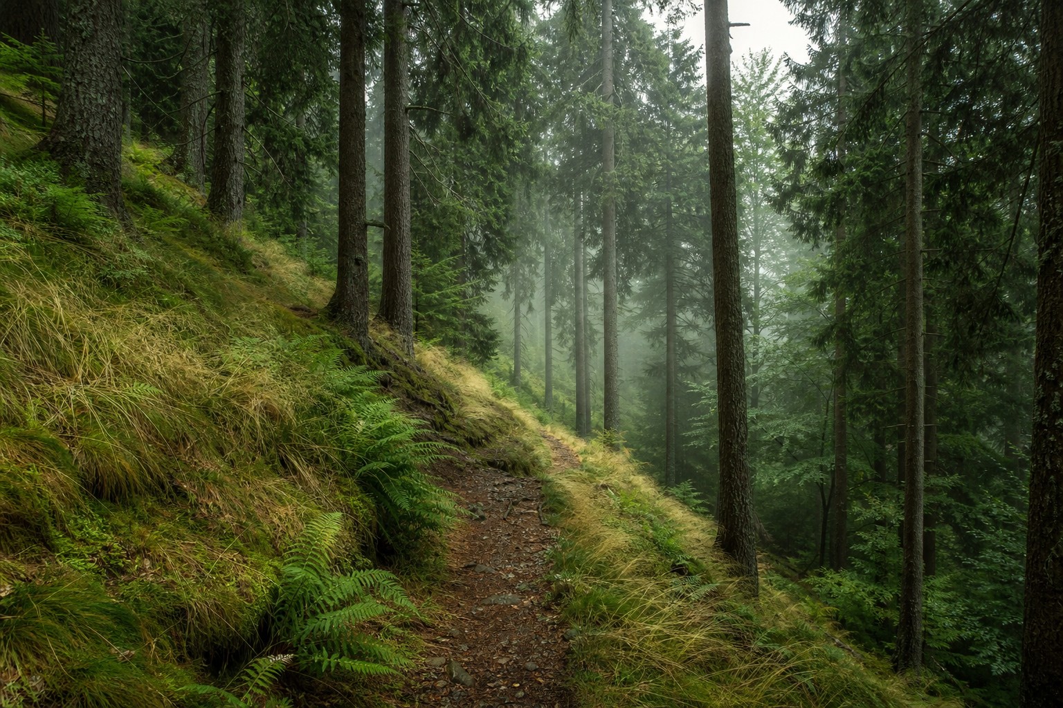 Waldweg im Schwarzwald mit weichem Nebel zwischen Tannen